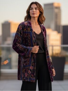 Johnny Was Multicolor Silk Velvet Jacket w/ colorful silk lining. Med.